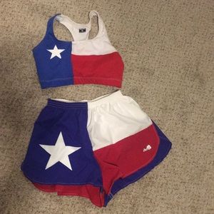 Matching Texas flag sports bra and running shorts
